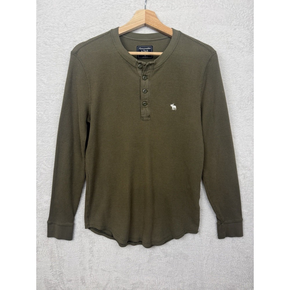 Y2K Abercrombie & Fitch Olive Green Ribbed Henley Long Sleeve Shirt Moose Logo S